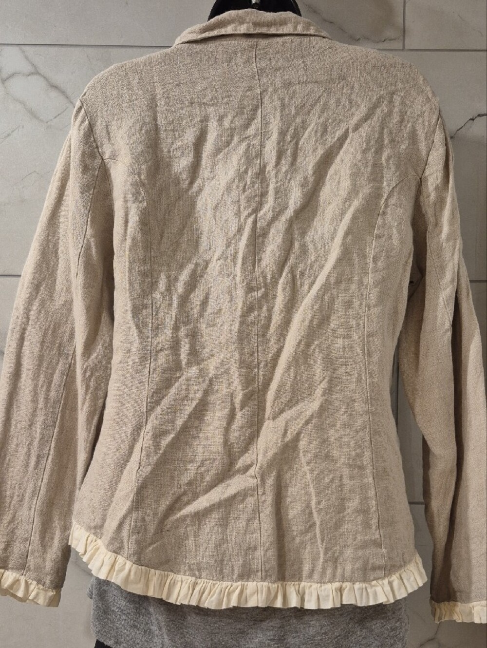 Beige Linen Ruffle-Trim Blazer Jacket - Picture 8 of 11